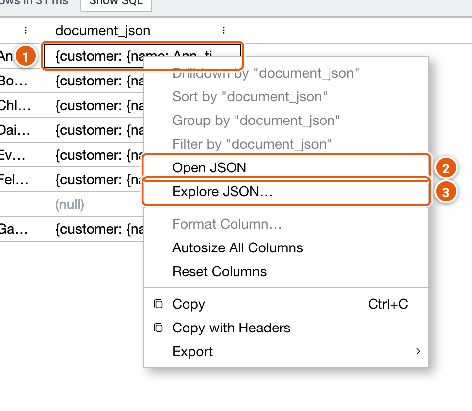 A JSON cell's menu, its parts numbered