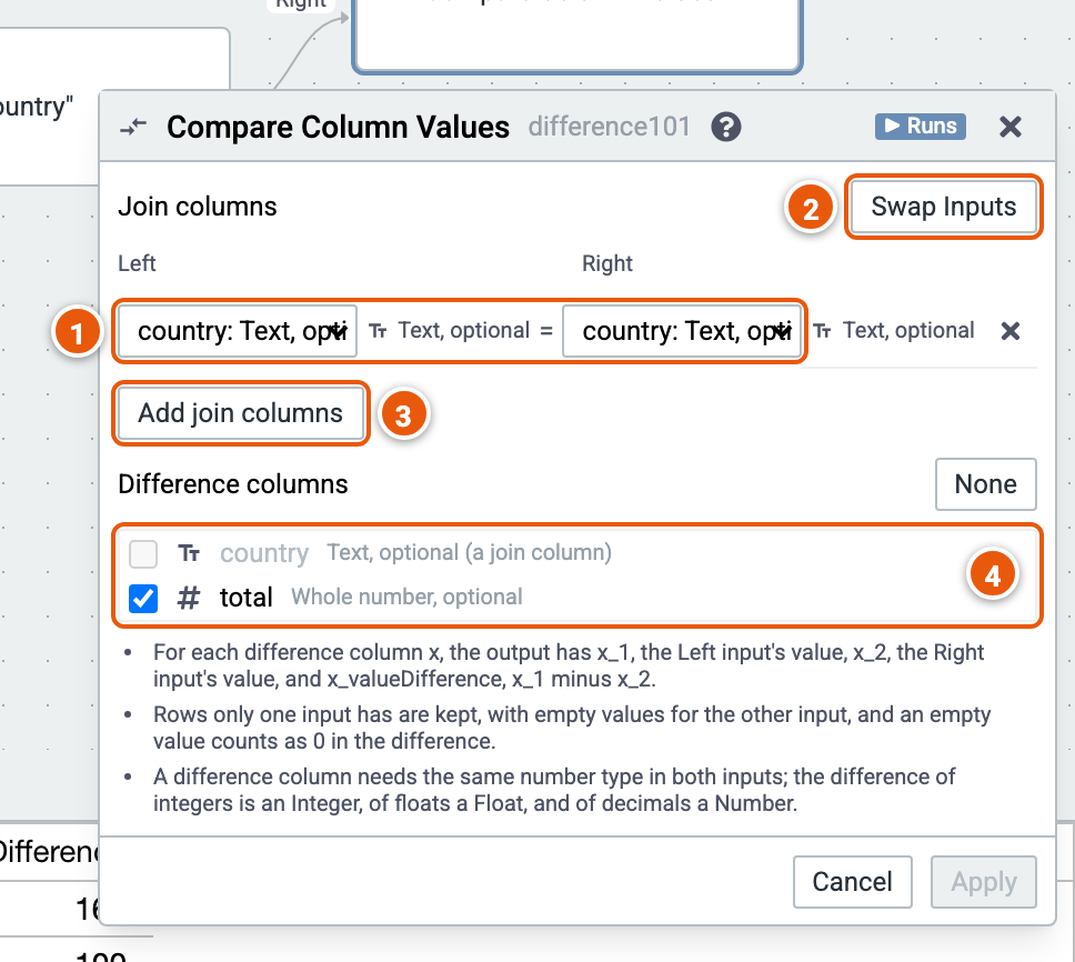 The Compare Column Values editor, its inputs numbered