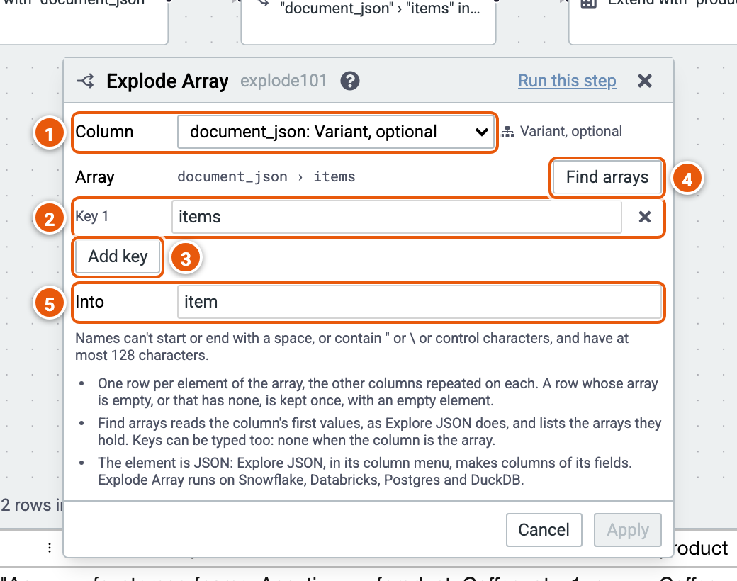 The Explode Array editor, its inputs numbered