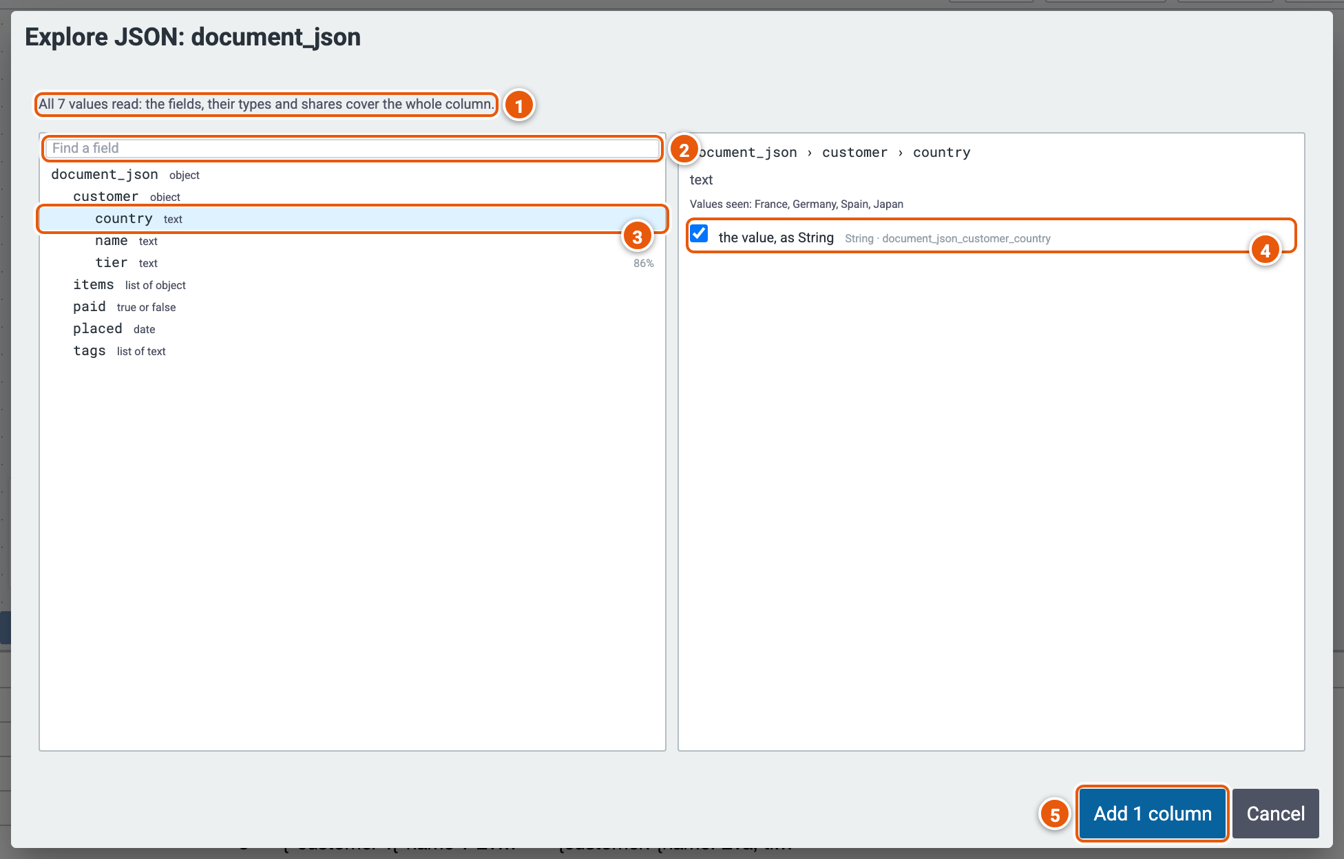 Explore JSON, its parts numbered