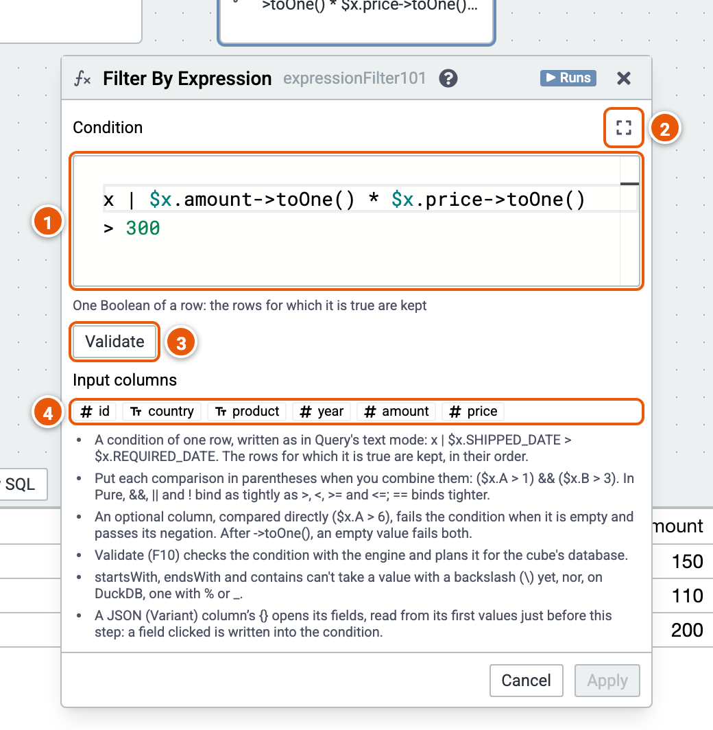 The Filter by Expression editor, its inputs numbered