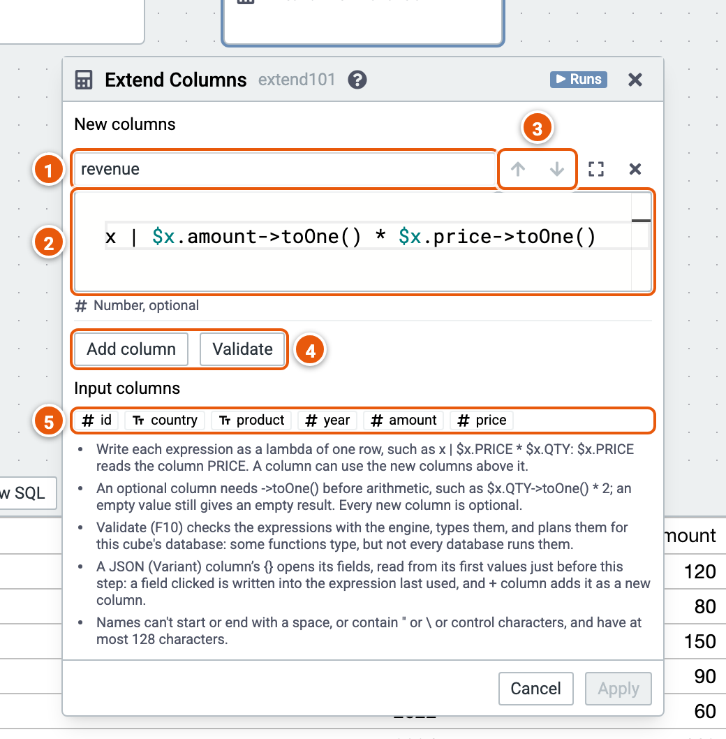 The Extend Columns editor, its inputs numbered