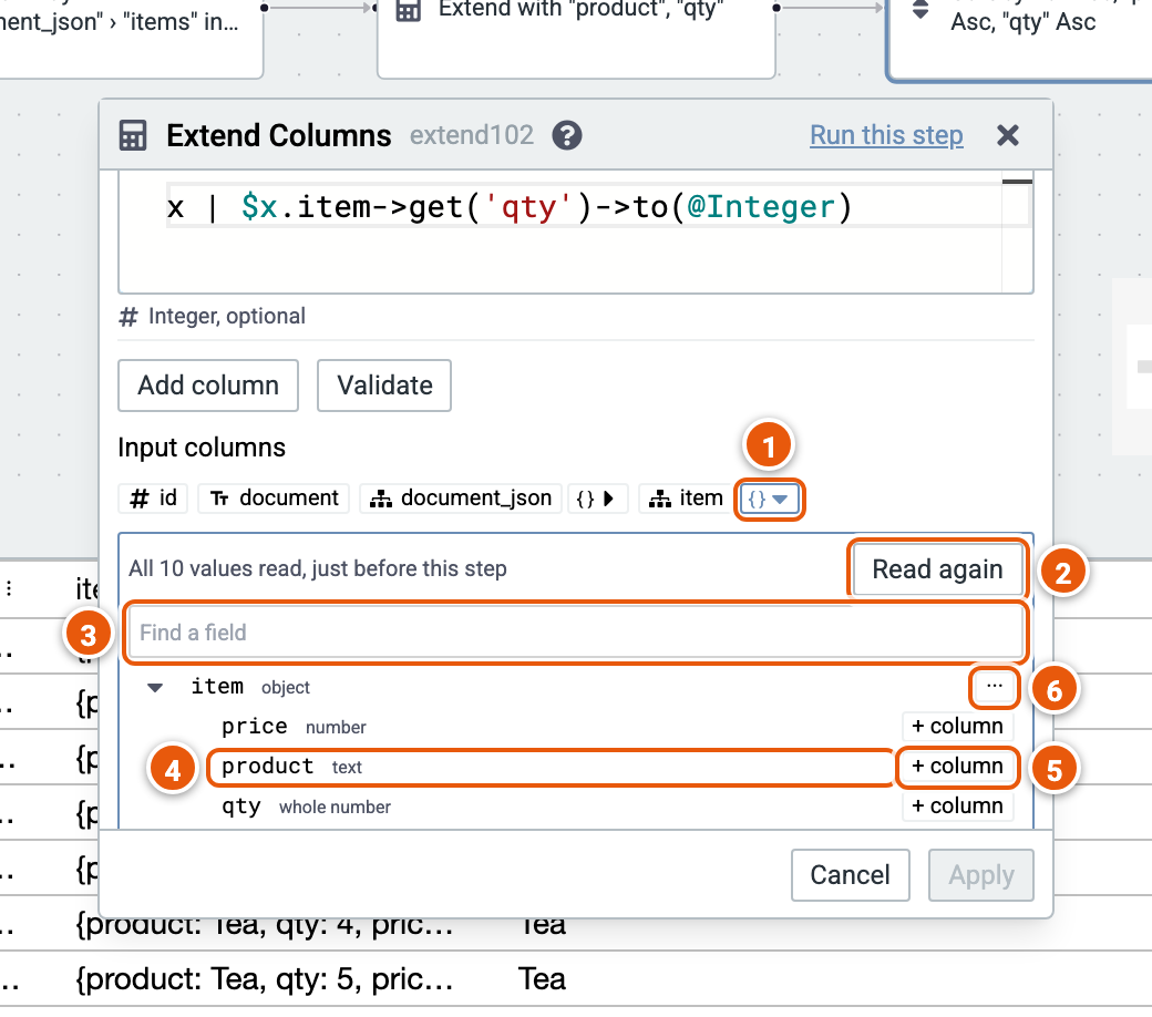 A JSON column's fields in the Extend editor, their parts numbered