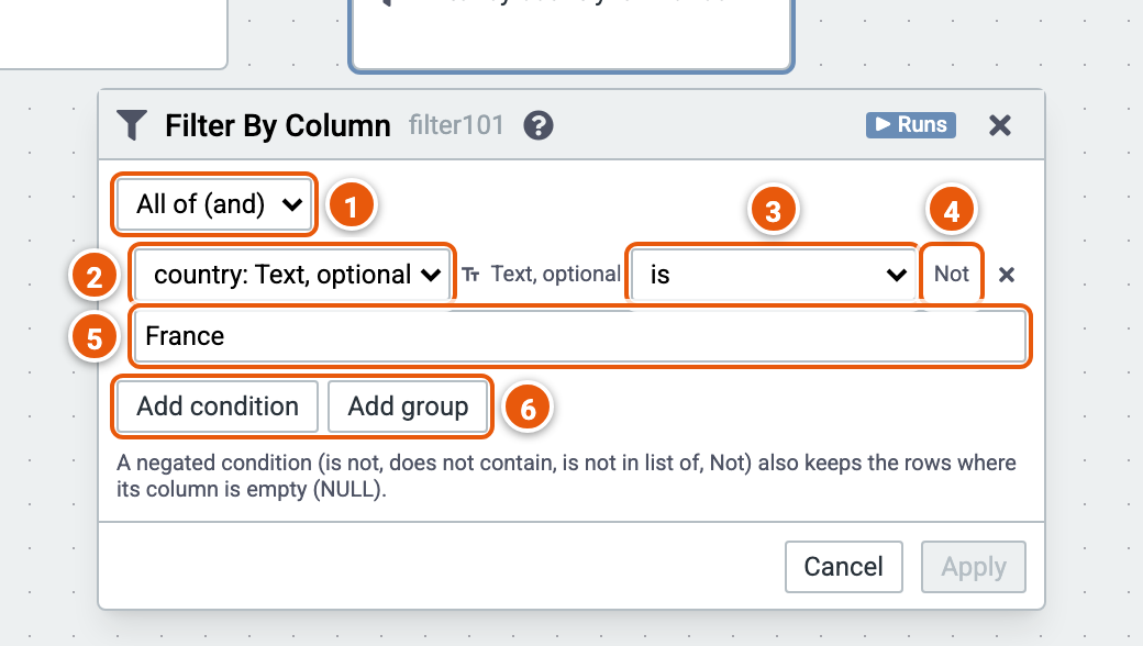 The Filter by Column editor, its inputs numbered