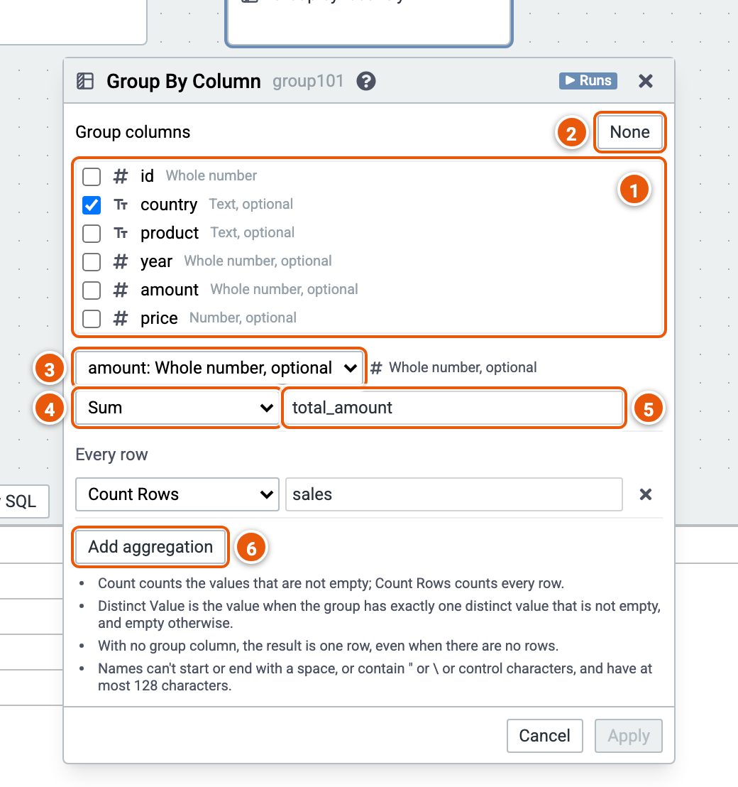 The Group by Column editor, its inputs numbered