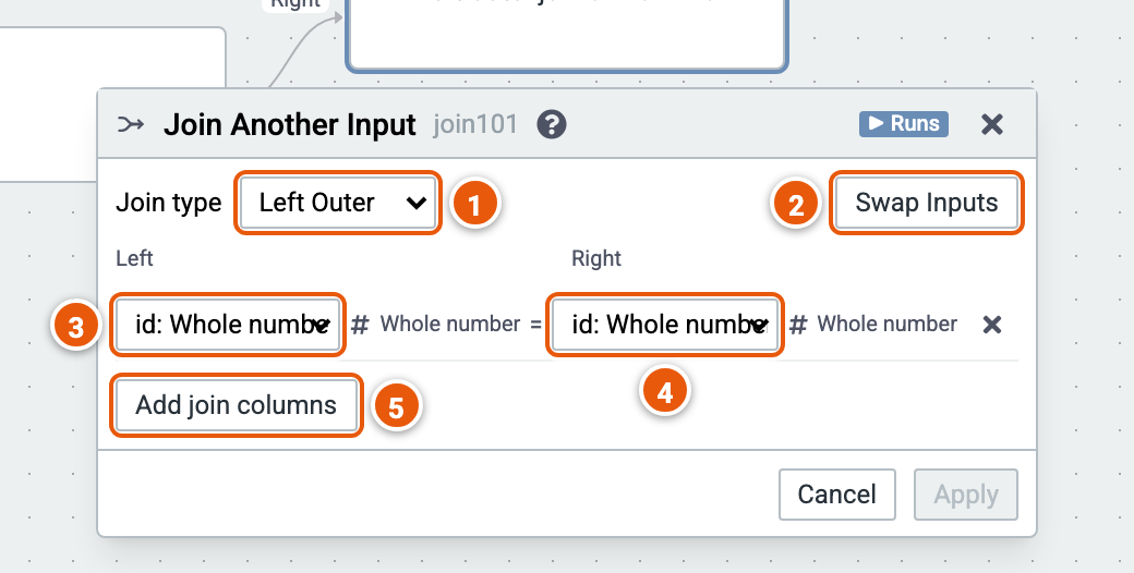 The Join Another Input editor, its inputs numbered