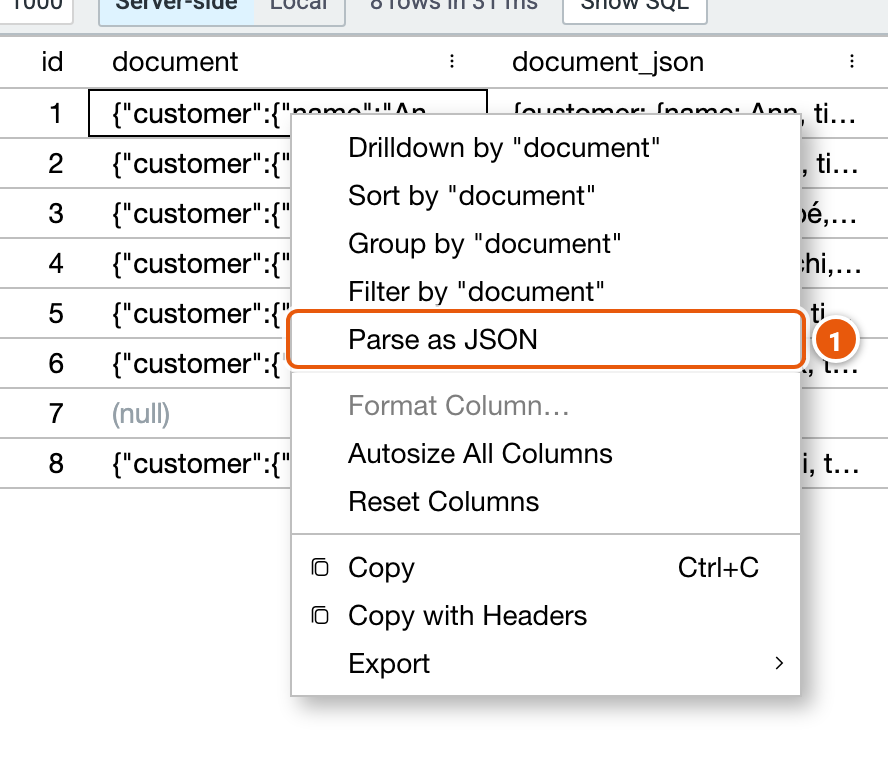 A text cell's menu with Parse as JSON