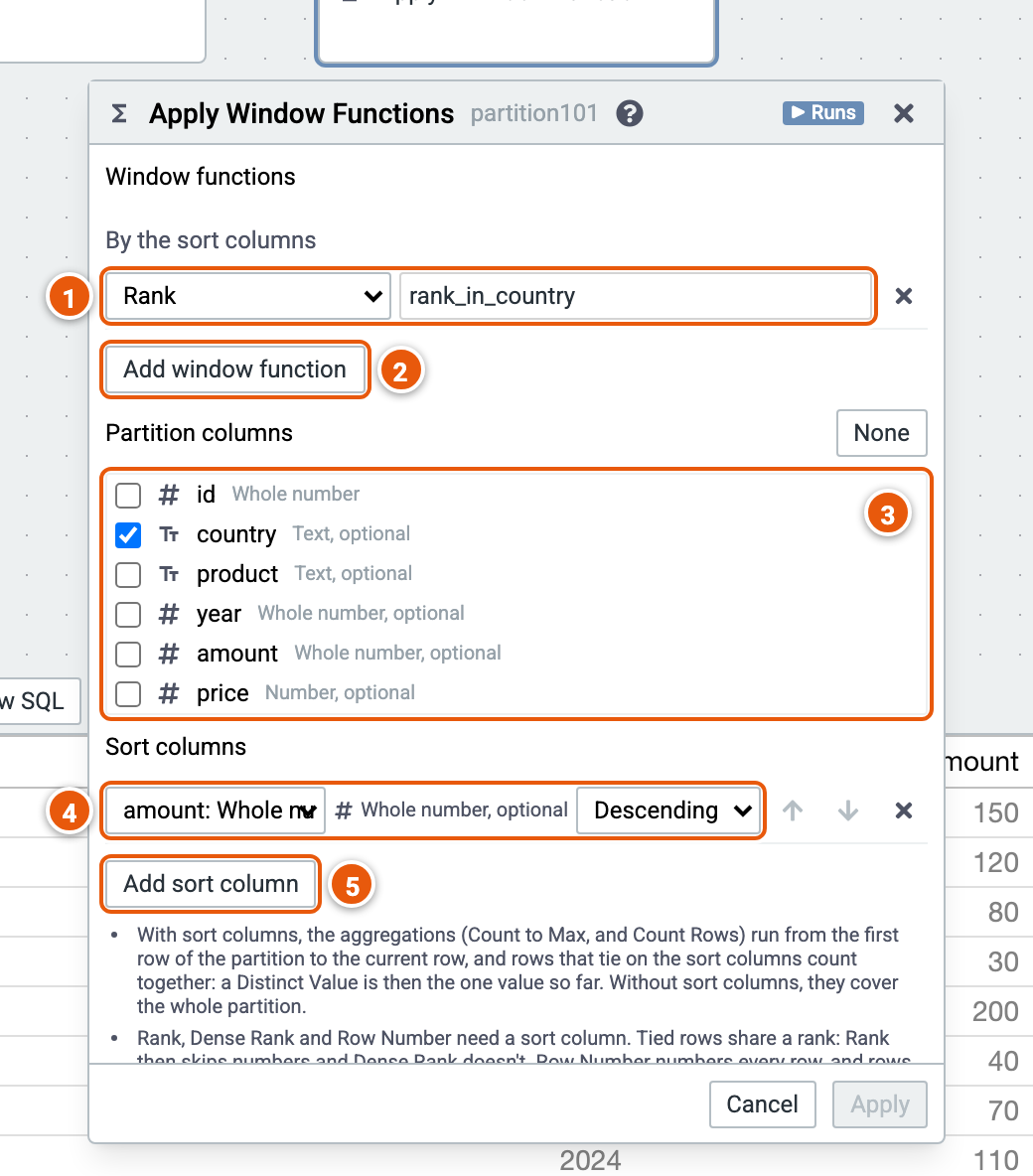 The Apply Window Functions editor, its inputs numbered