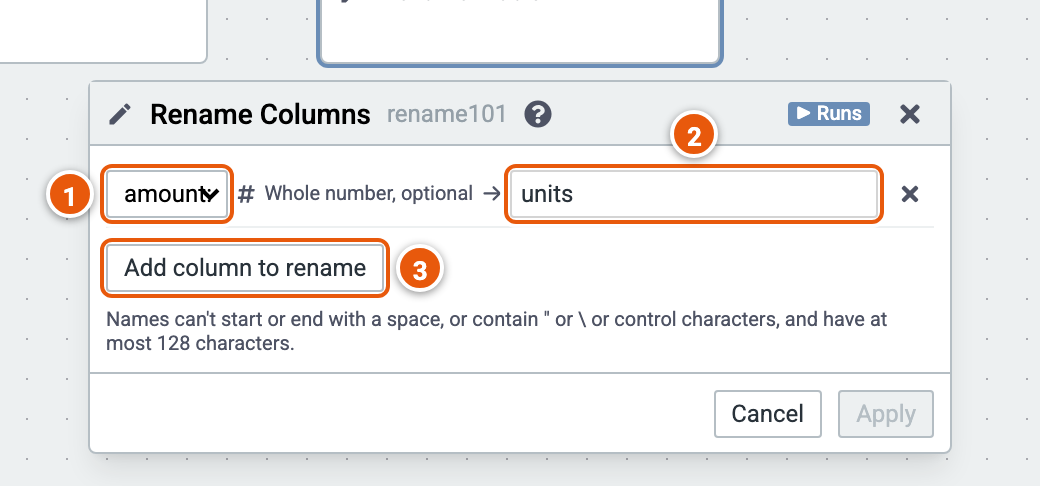 The Rename Columns editor, its inputs numbered
