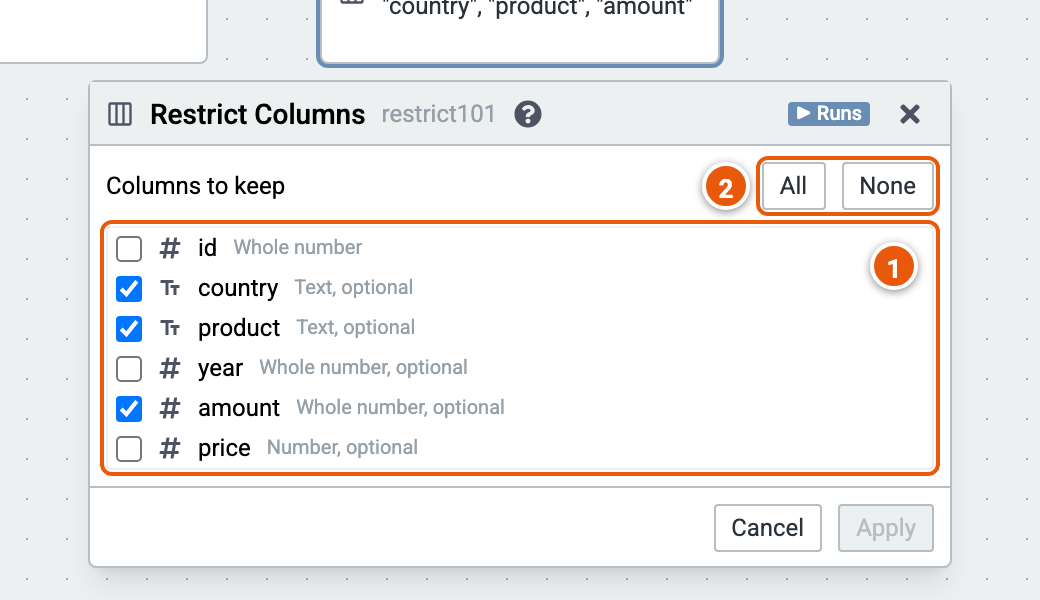 The Restrict Columns editor, its inputs numbered