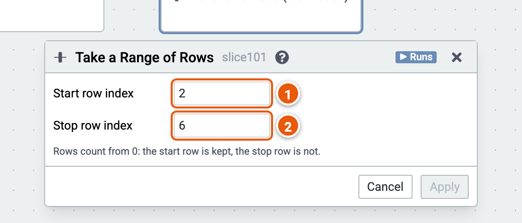 The Take a range of rows editor, its inputs numbered