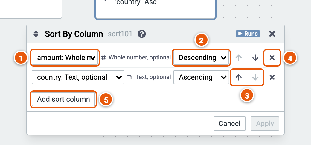 The Sort by Column editor, its inputs numbered